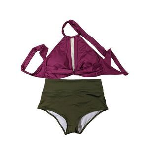 Gibson & Latimer PINK Bikini Set W/ S/M Plum Olive High Waist Swimsuit LN/NWOT